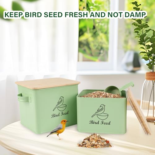 Bird Seed Storage Container Set of 2,10LB Bird Food Container-Green | Metal Bird Seed Container with Bamboo Lids, Airtight Wild Bird Seed Tin for Storing Sunflower Seed-Squirrel proof - color: Green(Bird Feed)