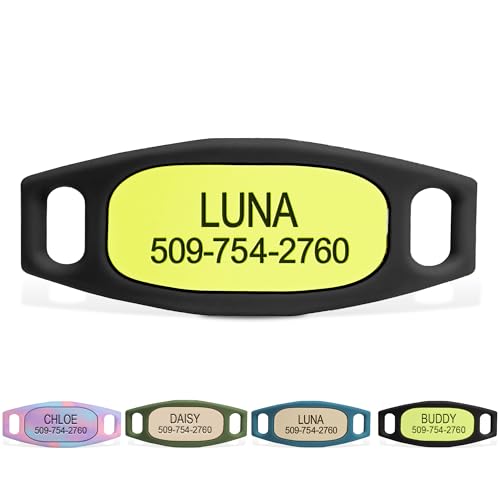GoTags Active Silent Dog Tag, Personalized Engraved Silicone Pet ID Tags | Soundless Quiet Slide On Nameplate for Cat Collars with Name and Number, No More Jingling Tags (Neon Green, Small) - color: Active Neon Green, size: Small (Pack of 1)