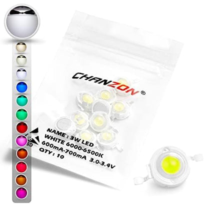 CHANZON 10 pcs High Power Led Chip 3W White 6000K - 6500K | (600mA - 700mA / DC 3V - 3.4V / 3 Watt) Super Bright Intensity SMD COB Light Emitter Components Diode Bulb Bead DIY Lighting - color: C) White (6000k)