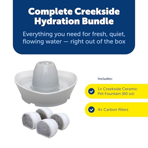 PetSafe Creekside Ceramic Pet Fountain, 60 Oz, 4-Pack Carbon Filters | 60 Oz Capacity, Whisper-Quiet Flow, Includes Carbon Filters, Top-Rack Dishwasher Safe - style: Fountain + 4 Carbon Filters