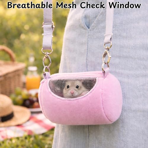 Dwarf Hamster Carrier Backpack Travel Bag, Dwarf Hamster Carry Pouch With Liner And Adjustable Lightweight Tether, Breathable Soft Outgoing Sleeping Travel Bag For Small Pets Squirrels Reptiles (Pink)