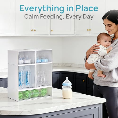 Vtopmart Stackable Storage Drawers Set of 5, Plastic Organizer Bins for Baby Bottle, Beauty Supplies Storage, Ideal for Kichen Countertop, Vanity, Bathroom, Cabinet, Pantry Organization,White - style: White-2 Small+2 High+1 Wide