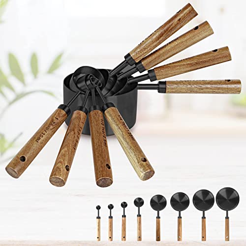 8-Piece Stainless Steel Measuring Cups and Spoons, Acacia Handles, Black - color: Black