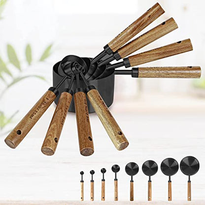 8-Piece Stainless Steel Measuring Cups and Spoons, Acacia Handles, Black - color: Black