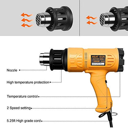 SEEKONE 1800W Heat Gun Variable Temp 122℉-1202℉ for Crafts, Shrink Wrap | Fast Heating 122℉-1202℉, Dual Airflow, Overheat Protection, 4 Nozzles for Shrink Tubing, Paint Removal and 3D Printing