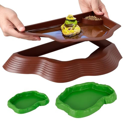 3 Pcs Tortoise Water Bowl with Ramp, Reptile Food Water Bowl Turtle Pool, Tortoise Bathing Pool Turtle Soaking Dish Aquarium Habitat Accessories(trumpet-3-brown Plus Green) - color: trumpet-3-brown plus green