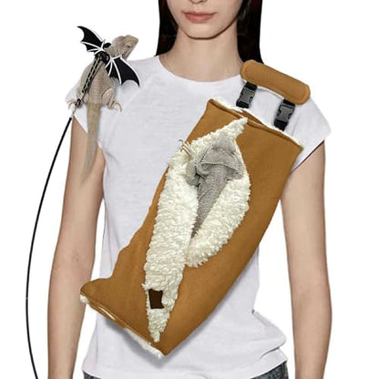 Adjustable Fluffy Bearded Dragon Sling Carrier Bag, Reptile Carrier with Leash Harness Lizard Cage Accessories for Small Animal, Ferrets, Squirrel, Hamsters,Parrot (Caramel) - color: Brown