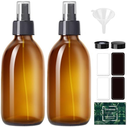 Amber Glass Spray Bottles 8.8 oz, 2 Pack Empty Spray Bottle for Cleaning | Empty Glass Spray Bottles for cleaning, Plants, Pets, Hair, Durable Spray Nozzle, Fine Mist, Labels, Funnel, Pipettes - color: 8.8 oz Amber
