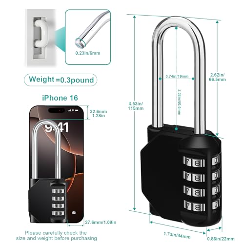 ZHEGE Long Shackle Padlock, 4.53" Height, 2.62" Shackle Height (Black) | 4 Digit Combination Lock Outdoor for Fence Gate, Shed, Garage, Resettable, Long Combo Lock for Gym & School Locker - color: 1P, Black