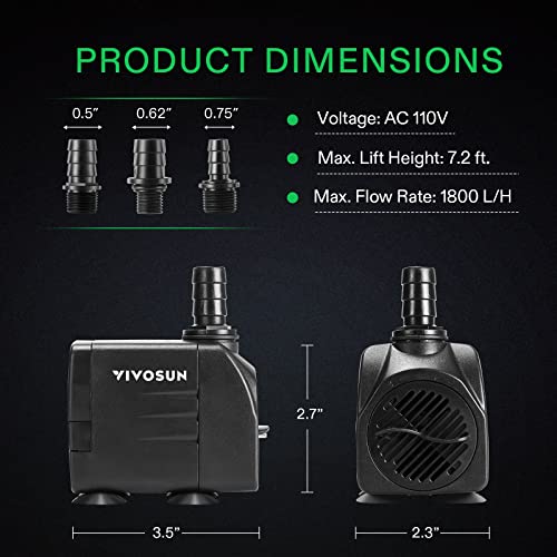 VIVOSUN 480GPH Submersible Fountain Water Pump for Pond, Aquarium, Statuary | 1800L/H, 25W, Ultra Quiet Water Pump with 7.2ft High Lift and 5ft Power Cord, 3 Nozzles for Fish Tank, Hydroponics Black - size: 6"×4"-480