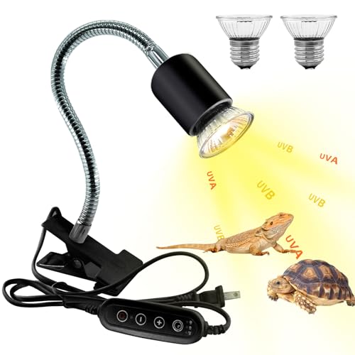 Reptile Heat Lamp,UVA UVB Reptile Light with 360°Rotatable Hose and Timed with 2 Bulbs(25W,50W),Basking Calcium Light Heat Lamp Bulbs for Turtle,Bearded Dragon,Lizard,Snake Tank(Black) - color: Black