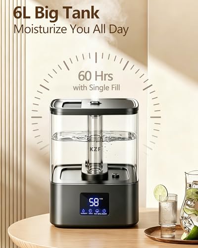 KZF 6L Top Fill Humidifiers for Bedroom & 60H Runtime - Cool Mist Humidifier, 3 Mist Levels, 8H Timer, Essential Oil Tray, Humidity Display, Quiet for Bedroom, Baby, Plants, Large Room (Black, 6L) - color: Black