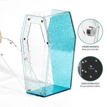 Installation Free Glitter Acrylic Coffin Jumping Spider Enclosure - Gothic Terrarium Habitat with Magnetic Lid, Micro Reptile Breeding Box for Slings, Mantis, Isopods and Small Insects (Glitter Blue) - color: Glitter Blue