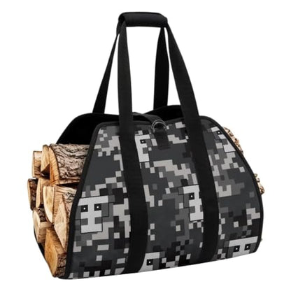 Skull Camo Print Log Tote Bag Firewood Hauling Carrier | Water Resistant Material, Open-Ended Design, Large Capacity, for Fireplace Owners, Hikers and Camping Fanatics - color: Gray Pixel Skull Digital Camo Print