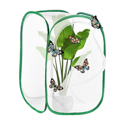 M METERXITY Butterfly Habitat Cage Terrarium, Outdoor Collapsible Mesh Pop-up with Zipper Protection for Breeding Butterfly/Ladybug, Mesh Plant Enclosure [White with Green, 24 x 16 x 16 Inch]
