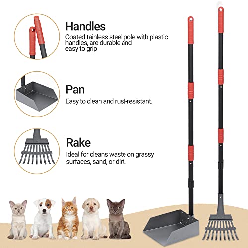 Dog Pooper Scooper, Dog Poop Tray and Rake Set with Long Stainless Handles | Pet Waste Removal Scoop with Adjustable Sectional Handles - color: Black/Red