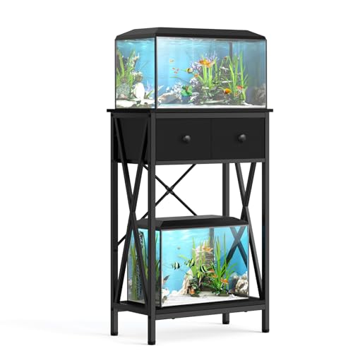 Fish Tank Stand with Drawer, 5-10 Gallon Aquarium Stand Easy Assemble | Stable Metal Frame, 2-Tier Breeder Reptile Turtle Terrarium Table Fits Office Home, 19.4"x11" MDF Tabletop, 220 lbs Capacity - color: Black, size: 5-10 Gallon