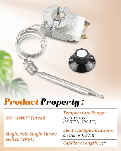 RX-2-24 Thermostat for Deep Fryer Fit for ADCRAFT, for Gas Fryer Adcraft Atosa 301030004 Robertshaw 5300-402, with 3/8" Mpt Stuff Box 200-400F - size: 3/8