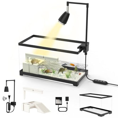 Turtle Tank Kit for Small Turtles, Hatchlings, Aquatic Pets-7.8Gallon with Basking Platform, Timed Heat Lamp & Rain Filter(19.7"*9.5"*9.6")