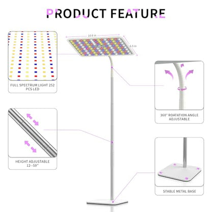 36W Grow Lights with Stand, Full Spectrum LED Plant Light, 12-59 Inch Height Adjustable Growing Lamp with Auto On/Off Timer 4H/8H/12H, 4 Dimmable Brightness | 252 LEDs Full Spectrum Plants Growing Light, 12-60" Height Adjustable Floor/Desk Lamp, 4 Dimmabl