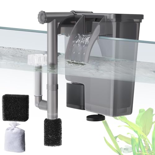5W Hang on Aquarium Filter: Ultra Quiet 124 GPH Fish Tank Filter with Filter Sponge and Activated Carbon, Adjustable Waterfall Filter for 5-15 Gallon Fish Tank
