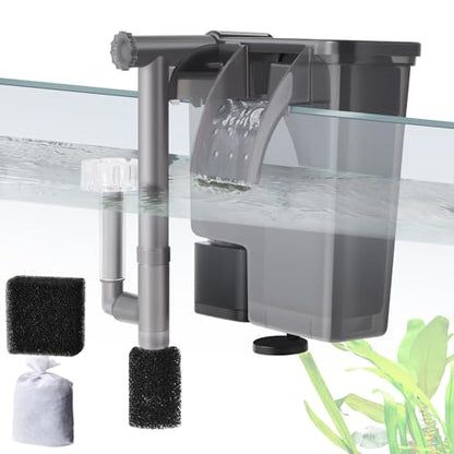 5W Hang on Aquarium Filter: Ultra Quiet 124 GPH Fish Tank Filter with Filter Sponge and Activated Carbon, Adjustable Waterfall Filter for 5-15 Gallon Fish Tank