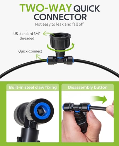 HIRALIY 59FT Drip Irrigation Kit with Water Timer, Quick-Connect | Garden Watering System with 15 Adjustable Misting Nozzles, 1/4 in Tubing for Greenhouse, Hanging Plants & Raised Beds - size: 59 feet
