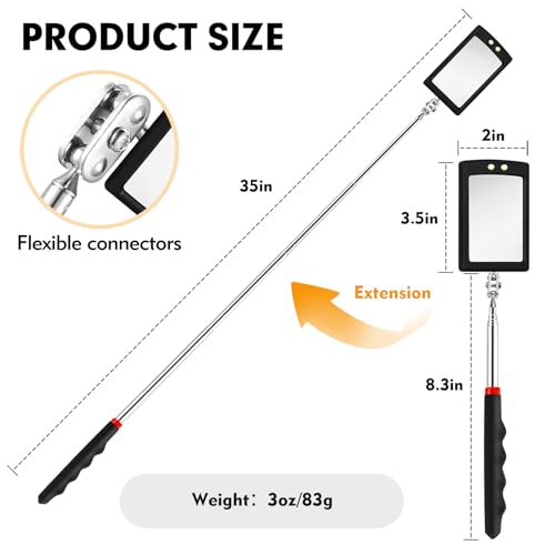 12-35 Inch Extendable Inspection Mirror, 360-Degree Rotation LED Inspection Mirror Telescoping, Telescoping Mirror for Mechanic Checking Vehicle and Extra Viewing
