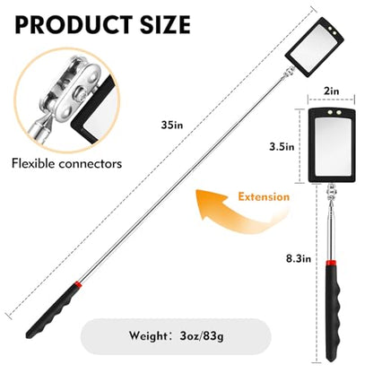 12-35 Inch Extendable Inspection Mirror, 360-Degree Rotation LED Inspection Mirror Telescoping, Telescoping Mirror for Mechanic Checking Vehicle and Extra Viewing