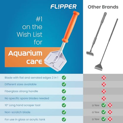 FLIPPER Platinum Stubby Hand Algae Scraper – Aquarium Glass & Acrylic Cleaner with Precision Scraper Blade, Fish Tank Cleaning Tool for Freshwater & Saltwater Aquariums (10” Rigid Shaft) - size: 10 Inches
