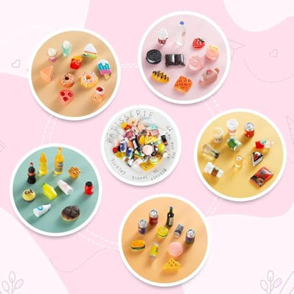 50 Pcs Miniature Food Drink Bottles Soda Pop Cans Pretend Play Kitchen Game Party Accessories Toys Hamburg Cake Ice Cream for 1/12 Doll House (25Food+25Drink) - style: 50 PLAY FOOD