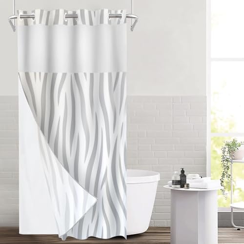 Graytiger Skin Print No Hooks Shower Curtain with Snap in Liner Set, Abstract Zebra Pattern Tub Curtainn Mesh Top Window & Magnetic Hem Waterproof 35.5X74 Inch - color: Graytiger Skin 1 Gray03, size: 35.4"W x 74"L (Pack of 1)