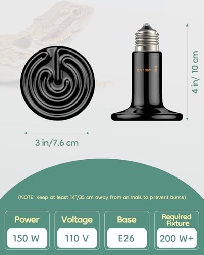 Pawfly 150 W E26 Ceramic Heat Emitter for Reptiles, No Light Emitting Reptile Heat Lamp Bulb, Infrared Ceramic Heat Bulb for Amphibian Chicken Snake Lizard, Ceramics Heat Lamp, Pet Brooder Coop Heater - size: For 50-100 Gallon Terrarium