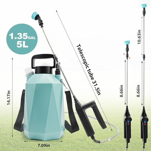 1.35 Gallon Battery Powered Sprayer, Electric Garden Sprayer with 3 Adjustable Pressures, Battery Indicator, Telescopic Wand, 4 Nozzles, Rechargeable Automatic Pump Sprayer for Lawn, Weed, Yard Care - color: Blue