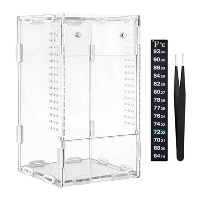 Jumping Spider Enclosure, 4x4x8 Inch Acrylic Reptile Terrarium Enclosure, with Magnet Front Opening Door, for Snail, Spiders, Mantis, Lizard, and Small Reptiles(Tweezer & Temp Sticker Included)