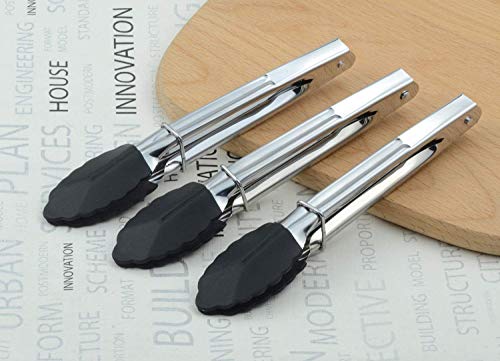 HINMAY Mini Tongs with Silicone Tips 7-Inch Kitchen Tongs, Set of 3 (Black) - color: Black