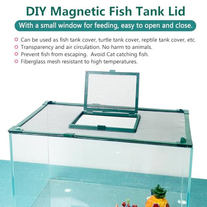 Magnetic Fish Tank Cover with Feeding Window Green Frame Grey Fiberglass Mesh, DIY Fish Tank Lid Adjustable Size Fit Tank Size Max 35''X19'' for Preventing Fish from Jumping Out and Reptile Escaping - color: Green frame fiberglass net(with a feeding windo