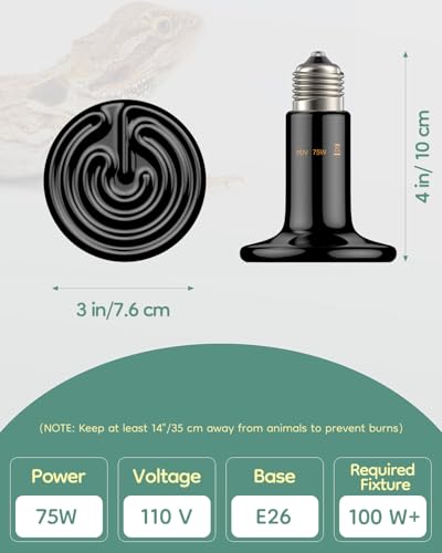 Pawfly 75 W E26 Ceramic Heat Emitter for Reptiles, No Light Emitting Reptile Heat Lamp Bulb, Infrared Ceramics Heat Bulb for Amphibian Chicken Snake Lizard, Ceramic Heat Lamp, Pet Brooder Coop Heater - size: For 10-30 Gallon Terrarium