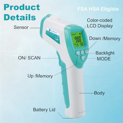 No-Touch Medical Grade Forehead Thermometer, Blue | For Adults, Kids, and Infants, Digital Temporal Touchless, LCD Display - color: Green White