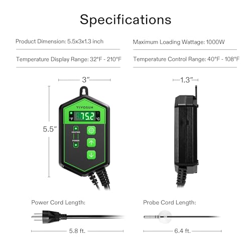 VIVOSUN Digital Heat Mat Thermostat Controller, 40–108 ºF 1000W for Reptiles, Seedlings, Germination, Incubation and Fermentation | 40–108 ºF 1000W for Reptiles, Seedlings, Germination, Incubation and Fermentation
