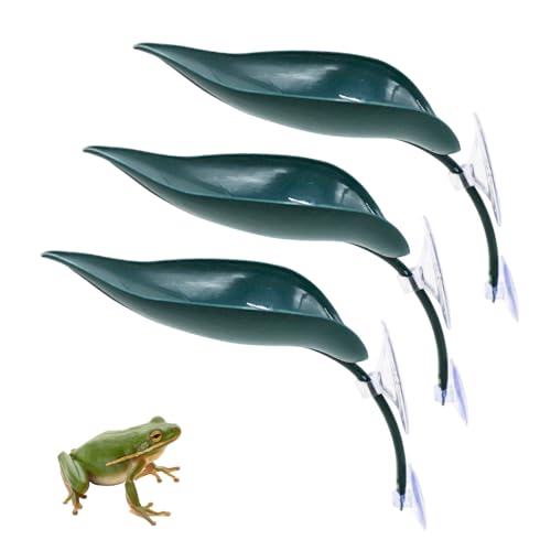 3 Pack Plastic Leaf Decorations with Suction Cups, Frog Habitat Platform, Reptile Decorations for Terrarium, Tank Terrarium Accessories for African Dwarf, Toad - color: Dark Green