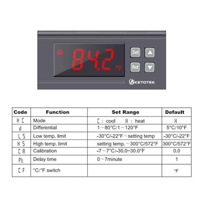 KETOTEK KT8230 Digital Temperature Controller Thermostat Regulator | 120VAC 30A, Fahrenheit -22~572℉, Heating Cooling, For Incubator Brooder Refrigerator Fermenter Greenhouse Reptile