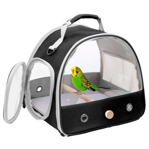 Bird Travel Carrier, Portable Small Bird Parrot Parakeet Carrier with Standing Perch and Mat, Side Access Window Collapsible (Black, Clear Windows) - color: Black