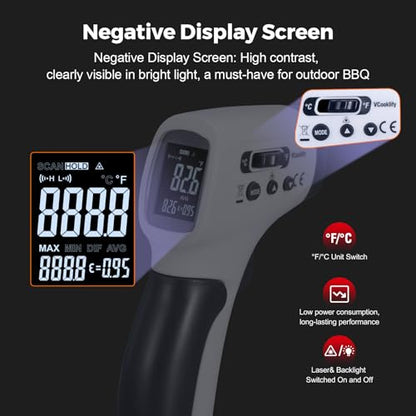 Temperature Gun for Meat,Automotive Infrared Thermometer Gun with Ring Laser DS12:1,Digital Thermal Gun with Adjustable Emissivity&High/Low Alarm,-58~1400℉IR Temp Gun for Engine,Brakes&HVAC - color: Gray