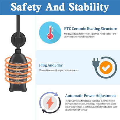 DaToo Super Mini Aquarium Heater 6 Watts Small Fish Tank Flat Heater 6W with Free Thermometer Strip Submersible Slim Betta Heater for Up to 2 Gallon Desktop Aquariums
