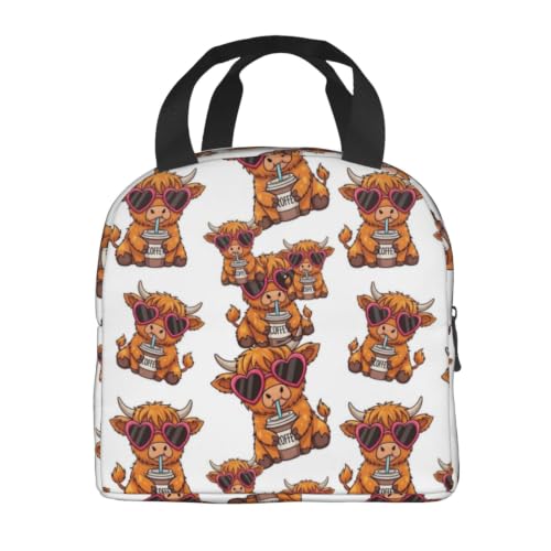 Unisex Funny Highland Print Insulated Lunch Box Durable | Cute Funny Highland Cow Heart Glasses, Oxford Foam Insulated Tote, Adjustable Strap for Travel, Gym & Hiking - color: Pattern (864)