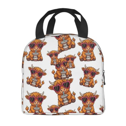 Unisex Funny Highland Print Insulated Lunch Box Durable | Cute Funny Highland Cow Heart Glasses, Oxford Foam Insulated Tote, Adjustable Strap for Travel, Gym & Hiking - color: Pattern (864)