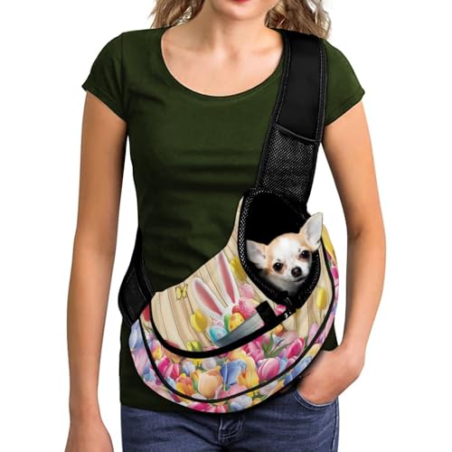 COEQINE Colorful Eggs Bunny Puppy Sling Easter Outfit for Dogs and Cat Sling Carrier Crossbody Purse Drawstring Dog Papoose for Outdoor Travel - color: Colorful Eggs Bunny