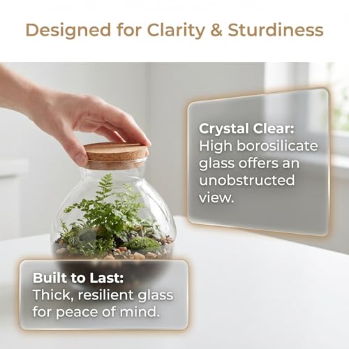 Glass Terrarium Bottle with Cork Lid: Round Borosilicate Jar for DIY Microlandscape - Clear Plant Display Container Moss Holder Tabletop Storage Canister