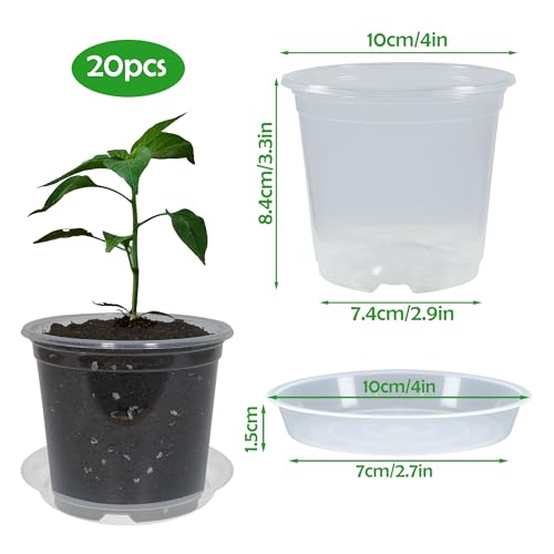 20 Pack 4 Inch Clear Nursery Pots with Drainage and 20 Pack Plant Saucers, Plant Pots for Plants Transparent Potting Containers for Plants Seeding Starter Pot (Clear, 4 Inch) - size: 4 Inch